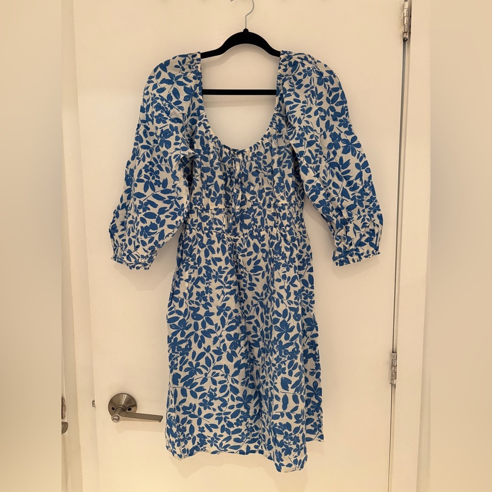 Mango Blue and White Floral Long Sleeve Dress
